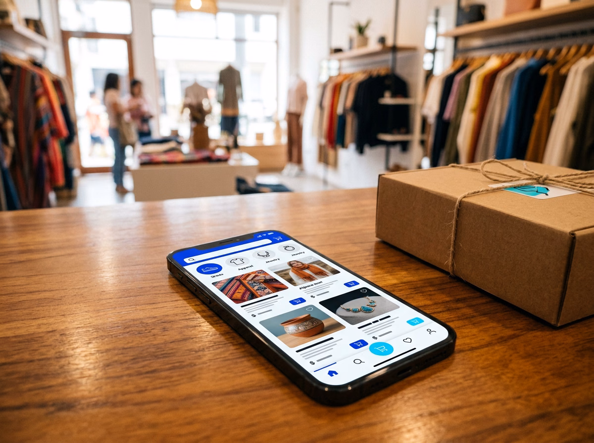 Tienda virtual en smartphone con caja de pedido — vende sola las 24 horas